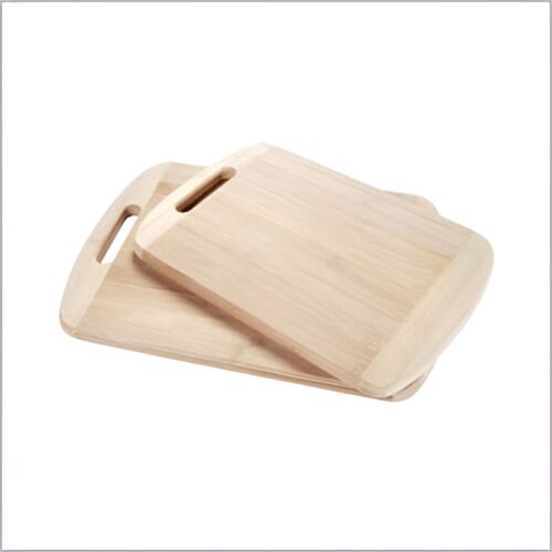 Two bamboo chopping boards with built-in handles, displayed overlapping each other