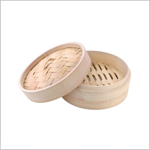 Bamboo dim sum steamer basket set with lid, showcasing traditional woven bamboo design.