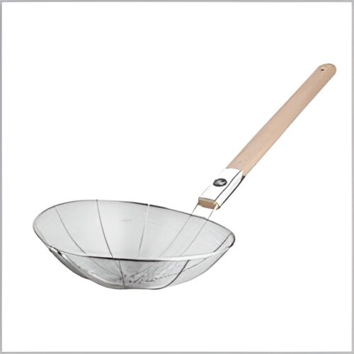 Bamboo Noodle Jhara available in sizes 20 cm to 32 cm, featuring a fine mesh and long handle, perfect for straining noodles and other foods in home and commercial kitchens.