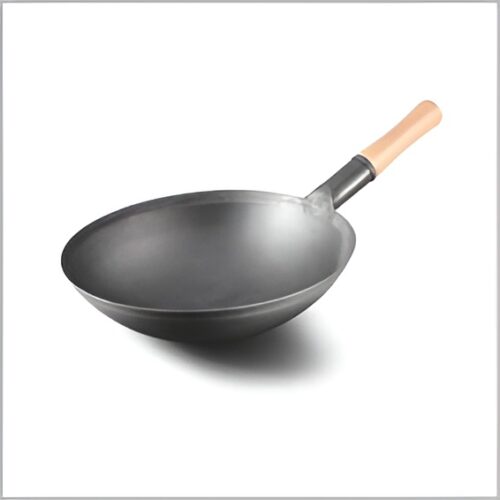 Chinese Wok with Wooden Handle available in 32 cm, 34 cm, 36 cm, 38 cm, and 40 cm sizes, made from high-quality materials with a sturdy wooden handle, perfect for stir-frying, deep-frying, and versatile cooking.