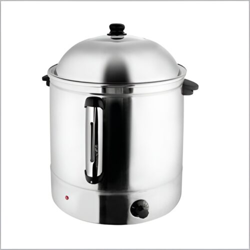 Indinox Electric corn steamer with a stainless steel body and lid, 48-liter capacity.