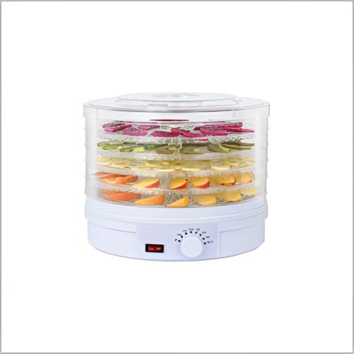 Electric food dehydrator with 5 stackable trays, compact size, and adjustable temperature controls.