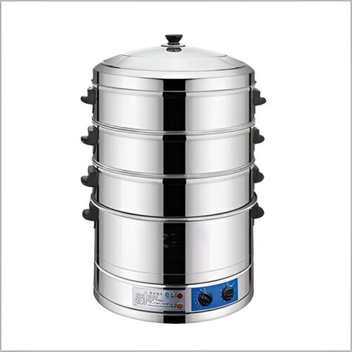 Electric momo steamer with a stainless steel body, 34 cm diameter, and 1500W power.