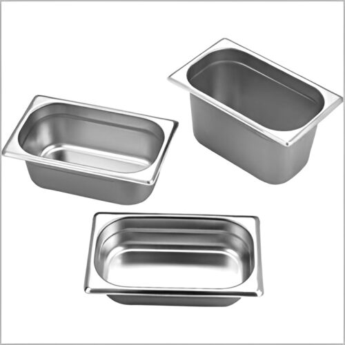 Stainless steel GN pans in 1/2 size, suitable for commercial kitchen use.