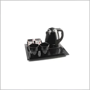 Honeyson Tea Kettle Tray Set, dimensions 385×308×225mm, with a 1.2 Ltr. capacity and 1350W power, featuring a sleek black design with cups and compartments for tea/coffee supplies.