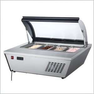 Ice cream counter with automatic defrost, 4×1/3 GN pans, size 805×670×360mm, and 140W power