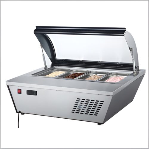 Ice cream counter with automatic defrost, 4×1/3 GN pans, size 805×670×360mm, and 140W power