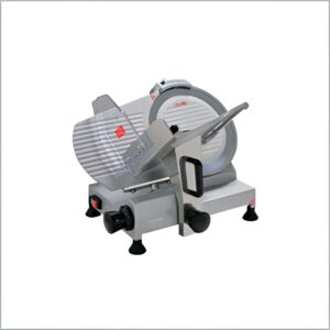 Meat slicer with a 250mm blade, adjustable thickness (0.2-12mm), 180mm wide cutting width, and 150W power, designed for precise and efficient slicing in commercial kitchens.