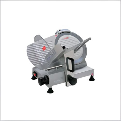 Meat slicer with a 250mm blade, adjustable thickness (0.2-12mm), 180mm wide cutting width, and 150W power, designed for precise and efficient slicing in commercial kitchens.