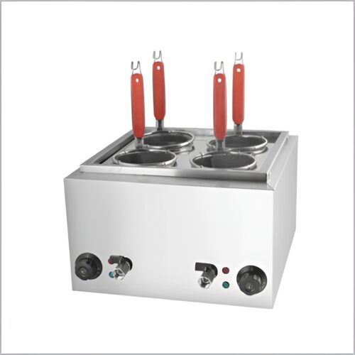 Stainless steel pasta boiler with four compartments, dimensions 180×180×130mm, and 4Kw power.