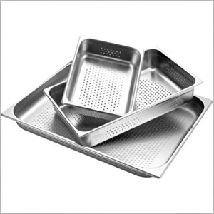 Stainless steel perforated GN pans in 1/1 size, ideal for commercial kitchen use.