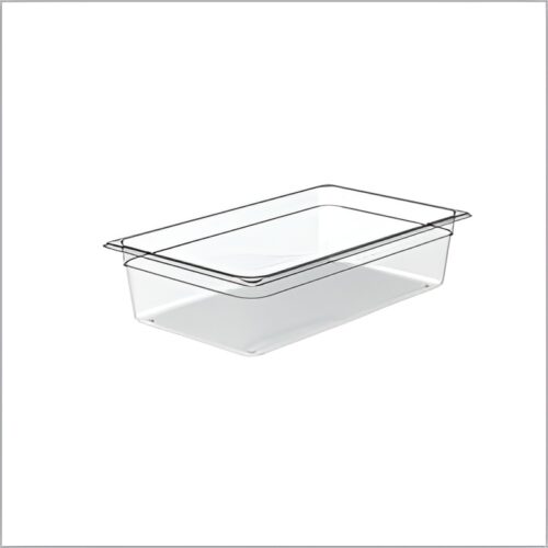 Clear polycarbonate GN pan for commercial kitchen use.