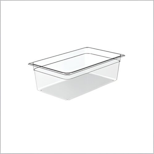 Clear polycarbonate GN pan for commercial kitchen use.