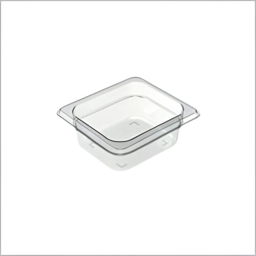 Clear polycarbonate GN pan for commercial kitchen use.