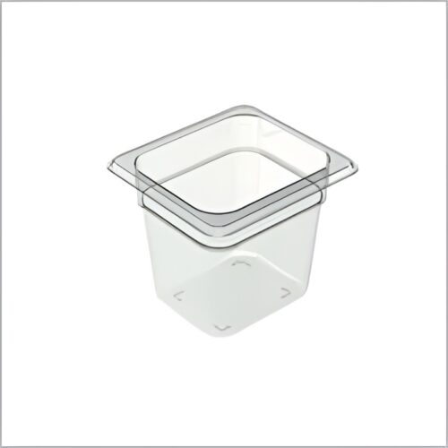 Clear polycarbonate GN pan for commercial kitchen use.