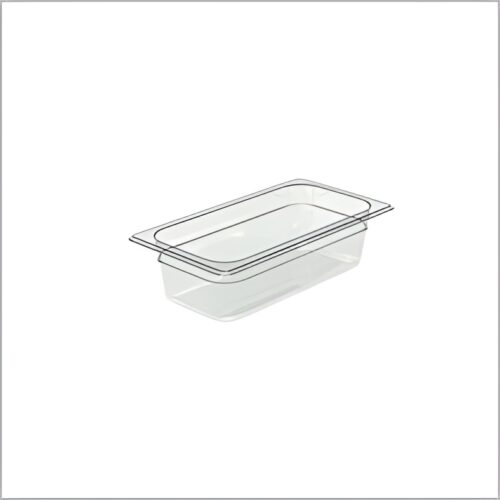 Clear polycarbonate GN pan for commercial kitchen use.