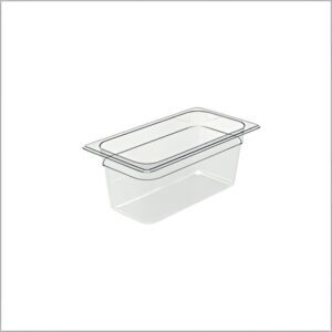 Clear polycarbonate GN pan for commercial kitchen use.