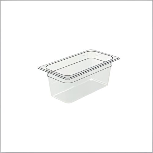 Clear polycarbonate GN pan for commercial kitchen use.