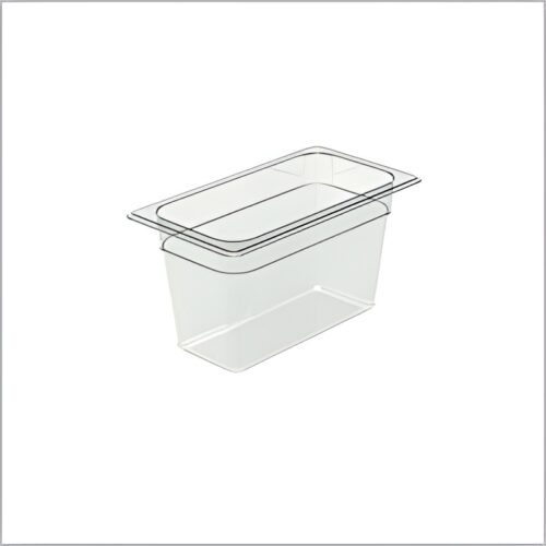 Clear polycarbonate GN pan for commercial kitchen use.