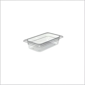 Clear polycarbonate GN pan for commercial kitchen use.