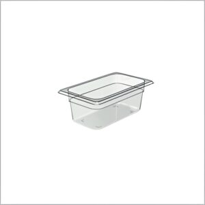 Clear polycarbonate GN pan for commercial kitchen use.