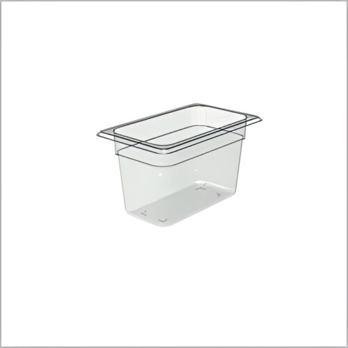 Clear polycarbonate GN pan, size 176×108×150 mm, for commercial kitchen use.