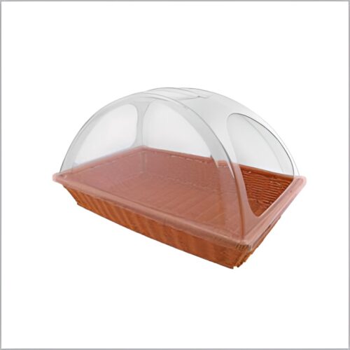 Rectangular poly rattan basket with a clear dome lid, perfect for displaying and keeping baked goods fresh