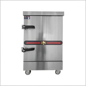 Stainless steel rice cooking machine with eight trays, dimensions 720×640×1170mm, and 9Kw power.