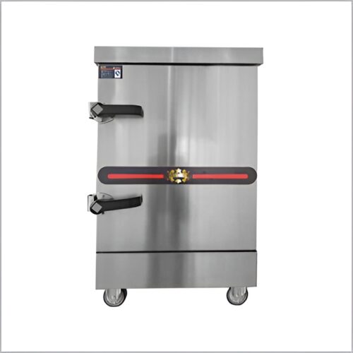 Stainless steel rice cooking machine with eight trays, dimensions 720×640×1170mm, and 9Kw power.