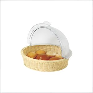 Round poly rattan basket with a clear dome lid, displaying freshly baked goods inside.