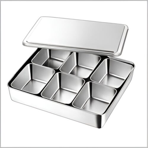 Stainless steel spice box with 6 compartments, perfect for organizing spices in home and commercial kitchens.