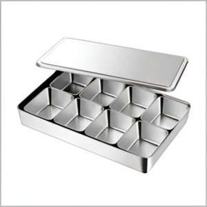 Stainless steel spice box with 8 compartments, perfect for organizing spices in home and commercial kitchens.