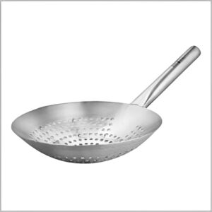 Stainless steel pasta strainer available in 26cm, 28cm, and 30cm sizes, perfect for efficient water drainage in home and commercial kitchens.