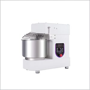 Spiral mixer with a 10-liter capacity, stainless steel construction, and 0.75Kw power.