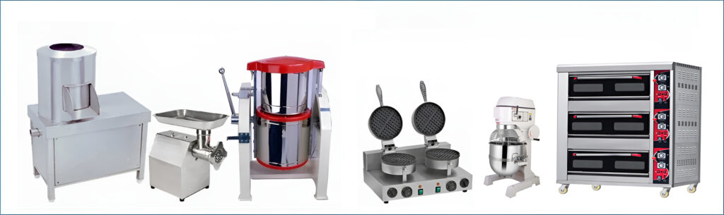 Assorted bakery equipment including industrial mixers, waffle makers, and ovens, displayed by a Bakery Equipment Manufacturer - a to z kitchen equipment