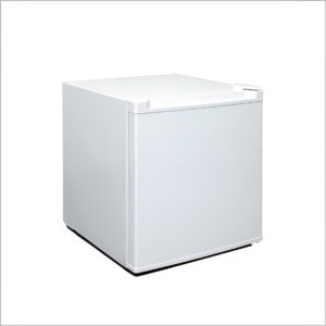 White mini fridge with a 47L capacity, low noise compressor, and lock. Dimensions: 445x475x510 mm. Uses R600a refrigerant